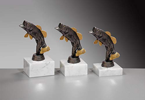Henecka 🎣 Angler-Pokal, Angeln-Resin-Figur, Fisch-Trophäe, Barsch moosschwarz & altgold, Marmorsockel, mit Wunschgravur, wählbar in 3 Größen oder als 3er-Serie (Sockel 65 x 20 mm) von Henecka