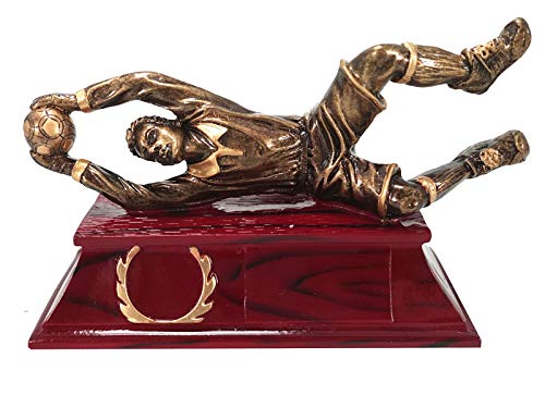 Henecka ⚽️ Fußball-Pokal, Resin-Figur Torwart Trophäe, Bronze, altgold & Sockel DKL.-rot, mit Wunschgravur & individuellem Sportemblem von Henecka