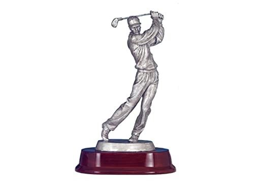 Henecka ⛳️ Golf-Pokal, Herren Resin-Figur Golf Spieler beim Abschlag, Golf Trophäe, Silber & Sockel DKL.-rot, mit Wunschgravur von Henecka