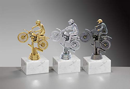 Henecka 🏁 Motorsport-Pokal, Motorcross-Trophäe, Motorcross Fahrer auf Marmorsockel, mit Wunschgravur, wählbar in 3 Farben (Silber) von Henecka