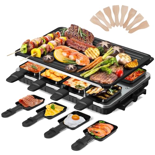 2-in-1 Raclette Grill 8 Personen Elektrisch Tischgrill Antihaftbeschichtet Wende-Grillplatte Elektrogrill Rauchfreier Raclette mit 8 Mini Raclette Pfännchen & 8 Schaber Spülmaschinenfest 1300W von HengBO