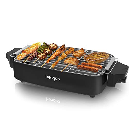 Elektrogrill Tischgrill Elektrisch Elektrogrill für Balkon Rauchfreier BBQ Grill mit Abnehmbarer Fettauffangschale für 2– 4 Personen Balkon Indoor Grill Party,1800W - Schwarz von HengBO