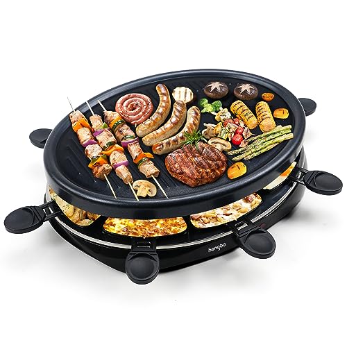 Raclette 8 Personen - Raclette Grill mit 8 Raclette Pfännchen und 2 Holzspateln Antihaftbeschichtung Thermostat Barbecue Grill Elektrische Grillpfannen für Familie - 1300W von HengBO