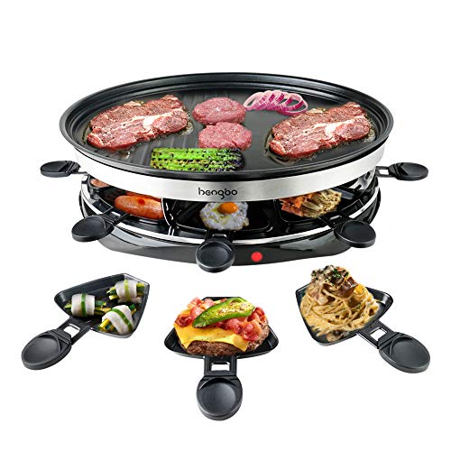 Raclette Grill 8 Personen – Ovale 3D-Antihaftplatte mit stufenloser Temperatursteuerung (1500W Turboheizung) + 8 Raclette-Pfännchen & 4 Buchenholzspatel – Perfekt für Raclette 6 Personen/4 Personen von HengBO