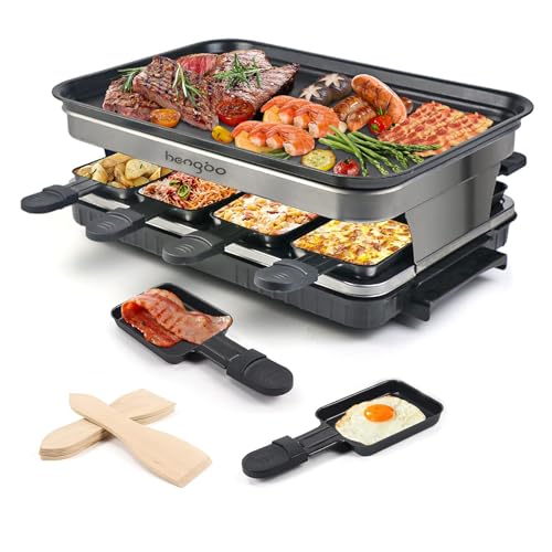 Raclette 8 Personen Tischgrill Elektrisch, Raclette Grill mit 8 Mini Pfännchen & 4 Holzspatel Stufenlos Regulierbare Temperatur, 1500W, Antihaftbeschichtet, Edelstahl von HengBO