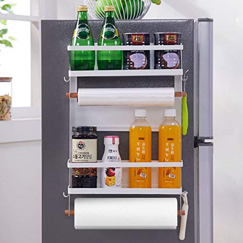 Magnetischer Kühlschrank-Organizer, magnetisches Gewürzregal mit Papierhandtuchhalter und 5 mobilen Haken, 4-stufiges magnetisches Kühlschrankregal in der Küche für bis zu 20 kg, Weiß von HengLiSam