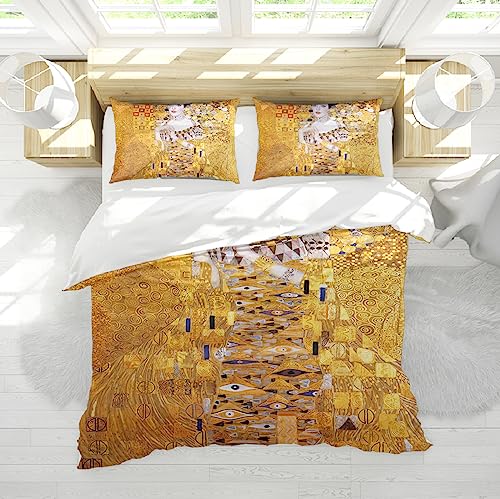 HengYun ART Goldener Bettbezug Gustav Klimt Kunstwerk Wunderschöne Frau 3 STÜCKE Weiche, atmungsaktive Bettwäsche Bettbezugsset mit Reißverschluss Keine Bettdecke 135x200cm von HengYun ART