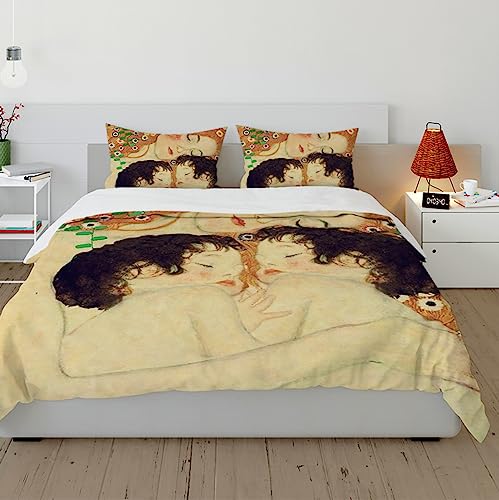 HengYun ART Gustav Klimt Style Bettbezug Mutter und Kind Zwillinge Weicher vorgewaschener Bettbezug 3 Stück Weicher, strapazierfähiger Bettbezug mit 2 Kissenbezügen 220x240cm von HengYun ART