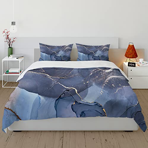 HengYun ART Marmor Textur Bettbezüge Blauer Marmor Moderne Abstrakte Kunst Bettwäsche-Set Silber Streusel Bauernhaus Bettdeckenbezug Weiche kühle Mikrofaser 160x200cm von HengYun ART