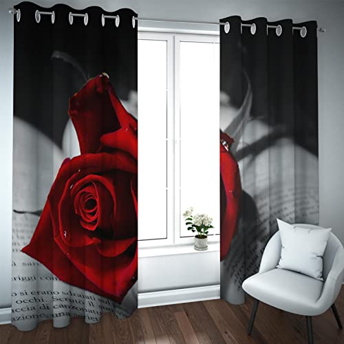 HengYun ART Rote Rose Vorhänge, Valentinstag Romantische Rote Rose Blühende Frauen Schlafzimmer Schwarz Dekor Verdunkelungsvorhänge für Mädchen Schlafzimmer 2 Paneele 2xB96xL114cm von HengYun ART