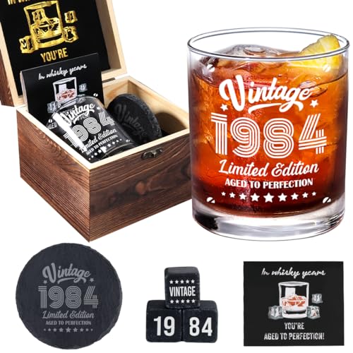 40. Geburtstag Geschenke für Männer, Vintage 1984 Whiskey Rocks Glas-Set, Dekoration zum 40. Geburtstag, Partyzubehör für Ihn, Vater, Ehemann, Onkel, 40 Jahre alte Geburtstagsdekorationen, Whiskyglas von Henghere