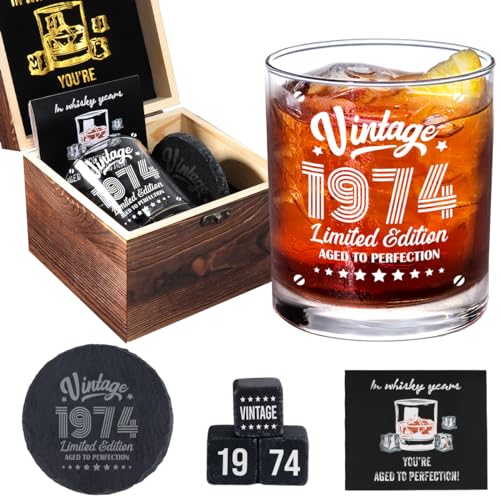 Henghere Whiskey-Stein-Glas-Set zum 50. Geburtstag für Männer, Vintage-Glas-Set aus dem Jahr 1974, Dekoration zum 50. Geburtstag, Partygeschenke für Ihn, Vater, Ehemann, Onkel, 50 Jahre altes von Henghere