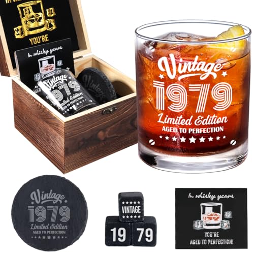 Whiskey Rocks Glas-Set zum 45. Geburtstag für Männer, Vintage 1979, Dekoration zum 45. Geburtstag, Partyzubehör für ihn, Vater, Ehemann, Onkel, 45 Jahre alte Geburtstagsdekoration, Whiskyglas und von Henghere