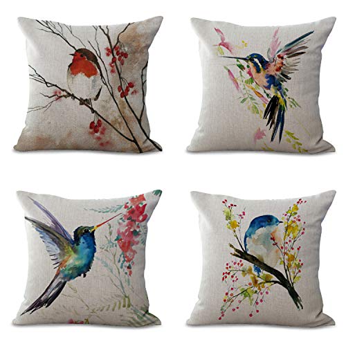 4 Stück Kissenbezug 45 x 45 cm, Bunte Tinte Malerei Stil Blumen und Vögel Serie Grau Beige Blau Baumwolle Leinen Kissenbezug für Sofa Home Shop Bar Club Auto Katze Hund Bett Dekor von Hengjiang