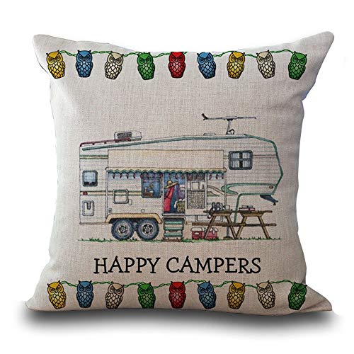 Hengjiang Baumwollleinen-Kissenbezug, 45 cm x 45 cm, mit Cartoon-Wohnwagen-Motiv und Aufschrift „Happy Campers“ (in engl. Sprache), Kissenhülle für Sofa-/Dekorkissen 02 von Hengjiang