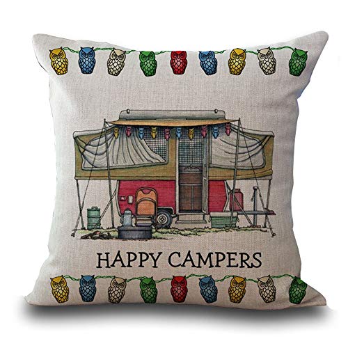 Hengjiang Baumwollleinen-Kissenbezug, 45 cm x 45 cm, mit Cartoon-Wohnwagen-Motiv und Aufschrift „Happy Campers“ (in engl. Sprache), Kissenhülle für Sofa-/Dekorkissen 05 von Hengjiang