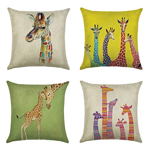 Kissenbezug, Motiv: Giraffe, Elch, Hirsch, beidseitig bedruckt, Baumwolle, Leinen, Kissenbezug für Zuhause, Stuhl, Sofa, Bett, Auto, 4 Stück a von WEIANG