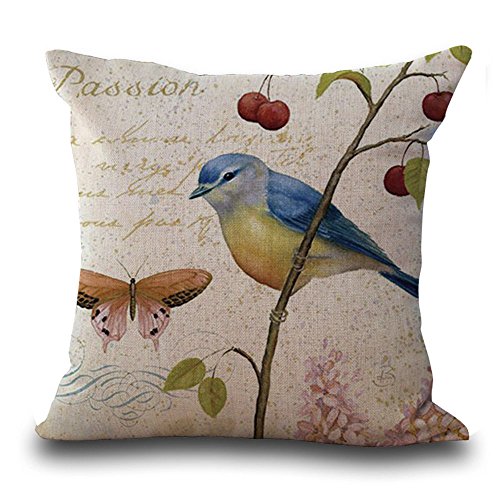 Kissenbezug aus Baumwollleinen, 45,7 x 45,7 cm, Kissenbezug für Sofa-Dekoration, handgezeichneter Vogel im Retro-Stil (Bird 2) von Hengjiang