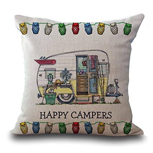 Hengjiang Baumwollleinen-Kissenbezug, 45 cm x 45 cm, mit Cartoon-Wohnwagen-Motiv und Aufschrift „Happy Campers“ (in engl. Sprache), Kissenhülle für Sofa-/Dekorkissen 01 von Hengjiang