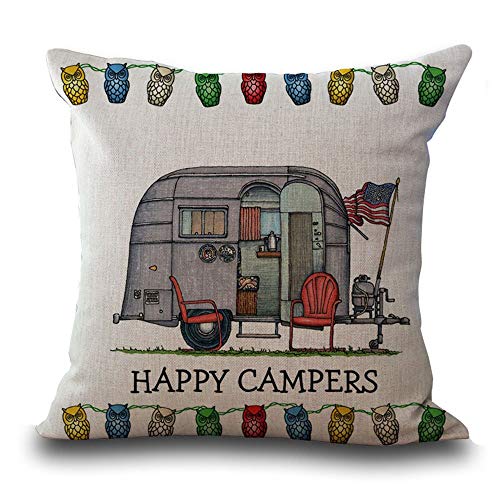 Hengjiang Baumwollleinen-Kissenbezug, 45 cm x 45 cm, mit Cartoon-Wohnwagen-Motiv und Aufschrift „Happy Campers“ (in engl. Sprache), Kissenhülle für Sofa-/Dekorkissen 09 von Hengjiang