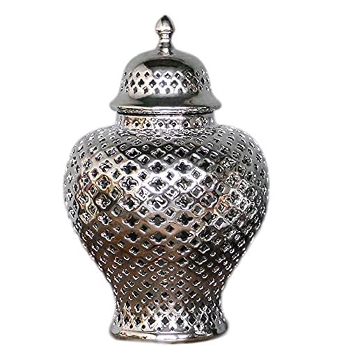 Hengqiyuan Dekoration Ingwerglas Mit Deckel Aushöhlen Keramikglas Geschnitztes Gitter Dekoratives Tempelglas Durchbohrte Laterne Vase Ingwergläser Für Wohnkultur,Silber,27.5cm von Hengqiyuan