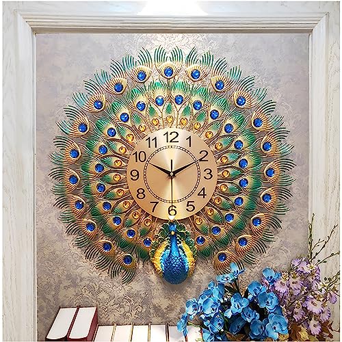 Hengqiyuan Metalluhr Wohnkultur Uhr 3D Modern Wandhängende Bunt Pfau Geschenk Dekorative Wanduhr Pfauenuhr,60x60cm von Hengqiyuan