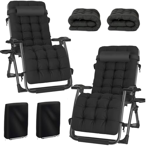 Hengriacly Liegestuhl Klappbar Sonnenliege 2er Set, Gartenliege Relaxliege für Mittagspause Belastbar 200kg Verstellbar RüCkenlehne Gartenstuhl Ergonomisch (Schwarz+Schwarz) von Hengriacly