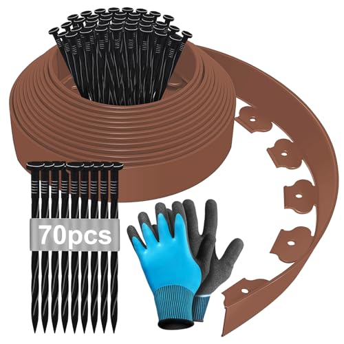 15m x 5cm Flexible Rasenkante aus Kunststoff, Beeteinfassung Beetumrandung Beetbegrenzung Mähkante Pflastersteine Palisade mit Erdanker und Handschuhe - Braun 15m von Hengrongshen