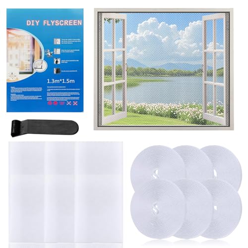 6 Stück Fliegengitter Fenster, Insektenschutz Fenster 130x150cm, Fliegengitter Fenster Ohne Bohren, Fliegennetz Fenster mit Klettband Selbstklebend, Schützen die Familie vor Insekten (Weiß) von Hengrongshen