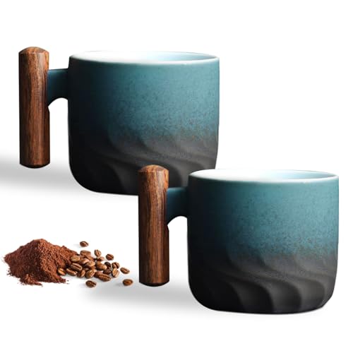Espressotassen 2er Set (2 x 70 ml) Espressotassen Steingut Kaffeetasse Kaffeebecher aus Keramik Espresso Tassen mit Henkel, Mini Teetasse, Kaffeetasse für Espresso,Tee (2er Set - Blau) von Hengrongshen