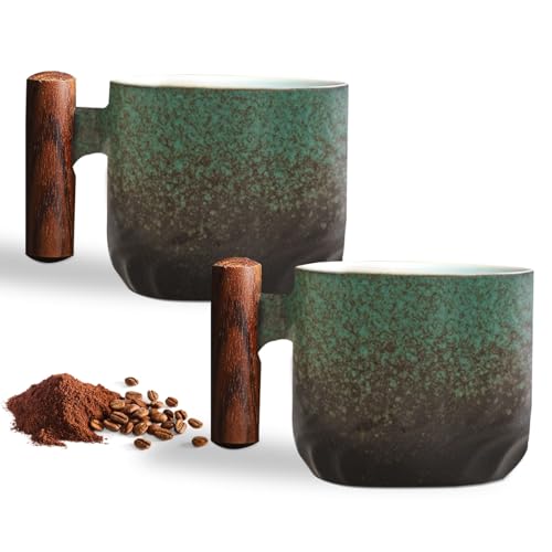 Espressotassen 2er Set (2 x 70 ml) Espressotassen Steingut Kaffeetasse Kaffeebecher aus Keramik Espresso Tassen mit Henkel, Mini Teetasse, Kaffeetasse für Espresso,Tee (2er Set - Grün) von Hengrongshen
