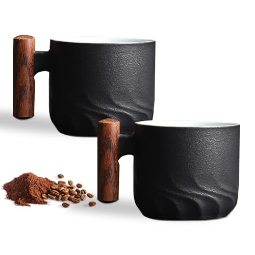 Espressotassen 2er Set (2 x 70 ml) Espressotassen Steingut Kaffeetasse Kaffeebecher aus Keramik Espresso Tassen mit Henkel, Mini Teetasse, Kaffeetasse für Espresso,Tee (2er Set - Schwarz) von Hengrongshen