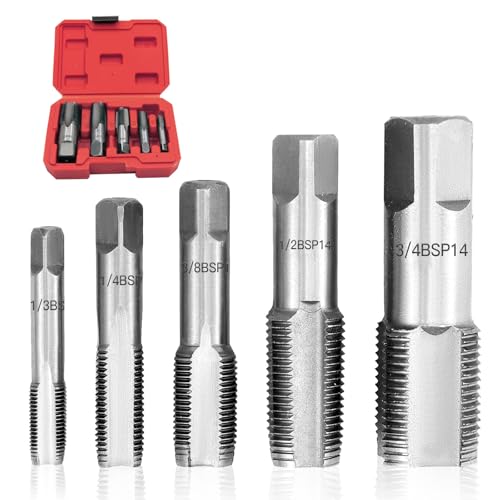 5-teiliges BSP-Rohrgewindebohrer Set, 1/8, 1/4, 3/8, 1/2, 3/4 Zoll Kohlenstoffstahl Handgewindebohrer-Set für Genaue Gewinde, Verschiedene Rohrleitungs Mechaniker DIY Rohrgewindeschneider von Hengrongshen