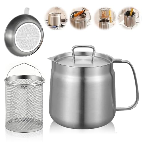 Hengrongshen Frittiertopf 1.5L, Frittiertopf mit Sieb aus Edelstahl, Fettbehälter, Frittierkorb für Topf mit Staubdichte Deckel, Ölbehälter zum Aufbewahren von Brat und Kochfett von Hengrongshen