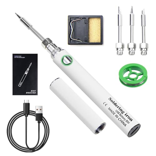 Hengrongshen Lötkolben Set Weiß, USB Lötkolben mit 3 Lötspitzen, Tragbarer Soldering Iron, Temperatur Einstellbar 100-400°C, Drahtloses Akku Lötkolben für Reparatur des Schweißens Eisenhaltig von Hengrongshen