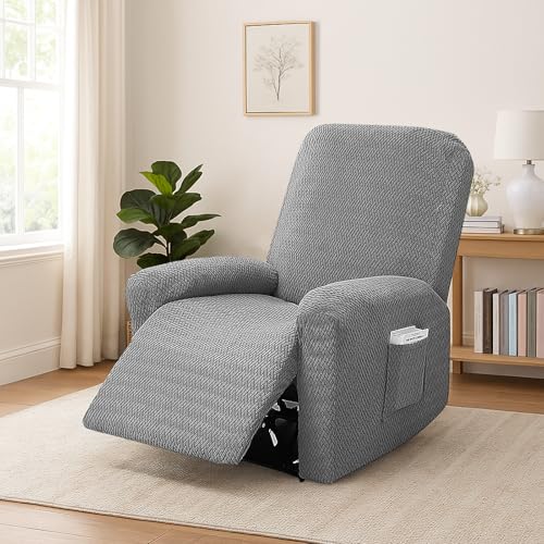 Hengrongshen Sesselbezug Hellgrau, Sessel Überzug mit Taschen, Sesselschoner für Relaxsessel, Stretch Sesselhusse für Liegestühle, Fernsehsessel, Sessel von Hengrongshen