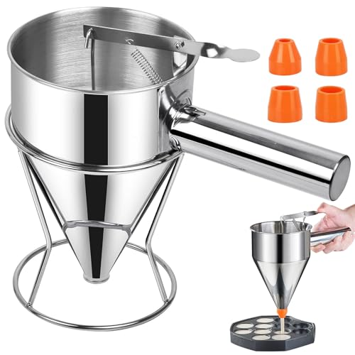 Hengrongshen Pancake Portionierer,1.2L Muffin portionierer Stainless Steel Dough Scoop,Stainless Steel Funnel with Stand and 4 Funnel Mouths,Dough Kitchen Funnel for Cakes,Pancakes,Octopus Balls von Hengrongshen