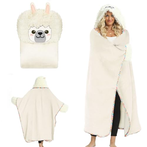 Hengrongshen Winterweißes Alpaka mit Ohren Geschenke für Frauen, Tragbar Kuscheldecke Flauschig Mit Niedlichen Tiermotiven, Kuscheldecke Geschenk Freundin Geburtstag Warme Kapuzendecke von Hengrongshen