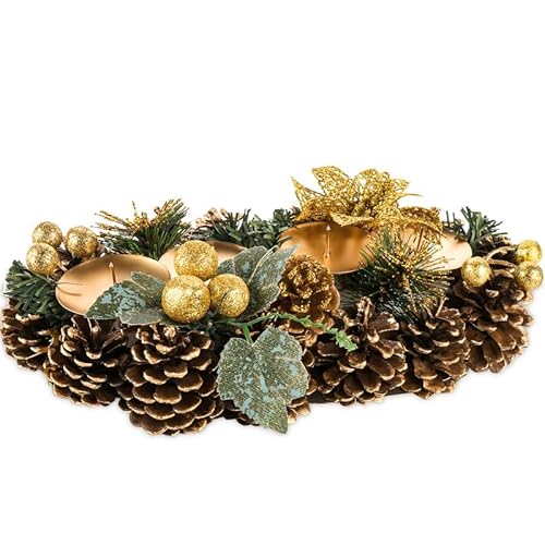 Adventsgesteck Künstlich,1 Weihnachtskranz Künstlich für Weihnachten,mit Kerzenhalter,mit Goldenen Durchbrochenen Blumen,für Weihnachtsdeko Innen,ca.30cm von Hengsong