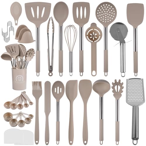Hengsong Küchenhelfer Set, 45 Stück Silikon Küchenutensilien Kochbesteck Set, Antihaft und Hitzebeständiger Kochgeschirr mit Halter, Spülmaschinen geeignet Kochutensilien Kochset - Khaki von Hengsong