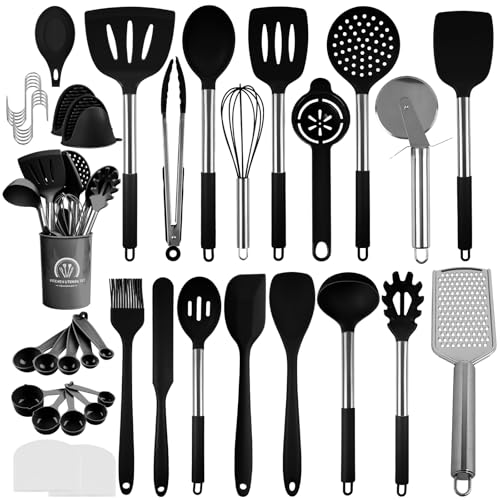 Hengsong Küchenhelfer Set, 45 Stück Silikon Küchenutensilien Kochbesteck Set, Antihaft und Hitzebeständiger Kochgeschirr mit Halter, Spülmaschinen geeignet Kochutensilien Kochset - Schwarz von Hengsong