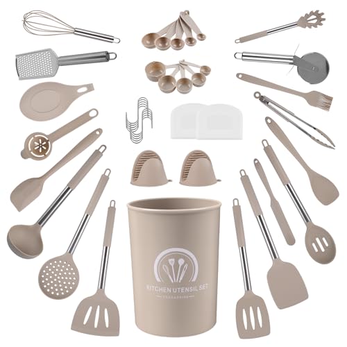 Hengsong Küchenutensilien Set,45er Küchenhelfer Set,Kochgeschirr Set für Kochutensilien&Küchenbesteck&Küchenzubehör&Kitchen Utensils,mit Pfannenwender,Silikon,Khaki von Hengsong