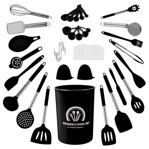 Hengsong Küchenutensilien Set,45er Küchenhelfer Set,Kochgeschirr Set für Kochutensilien&Küchenbesteck&Küchenzubehör&Kitchen Utensils,mit Pfannenwender,Silikon,Schwarz von Hengsong