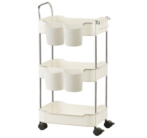 Hengsong Servierwagen 8,Rollwagen mit 3 Ebenen,mit Zwei Rollen,mit Kunststoffhaken&Aufhängebecher aus Kunststoff,für Küche, Badezimmer, Schlafzimmer, Büro,36x26x69cm,Metall&Kunststoff,Beige Hengsong Servierwagen 8,Rollwagen mit 3 Ebenen,mit Zwei Rollen,mit Kunststoffhaken&Aufhängebecher aus Kunststoff,für Küche, Badezimmer, Schlafzimmer, Büro,36x26x69cm,Metall&Kunststoff,Beige von Hengsong