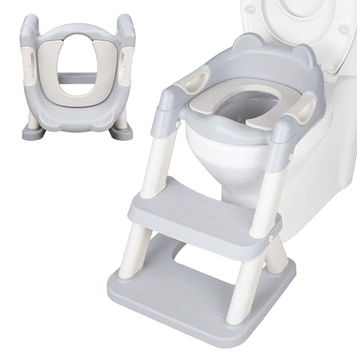 Hengsong Toilettensitz Kinder,Faltbarer Toilettensitz Kinder mit Treppe&töpfchen,WC Sitz Kinder mit Sitzhöhe einstellbar&Rutschfestes Trittbrett,mit Panda- und Koalastickern,für Mädchen&Jungen,Grau von Hengsong