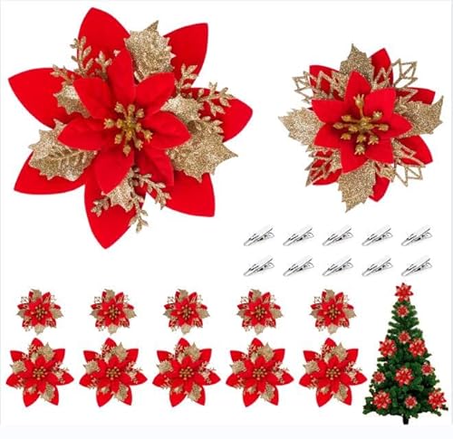 Kunstblume Weihnachten,16 Stück Weihnachtsblumen,für Türkranz Rote Beeren,Welhnachtsbaum Dekoratlon&Welhnachtsbaum Deko,10/15cm,mitClips von Hengsong