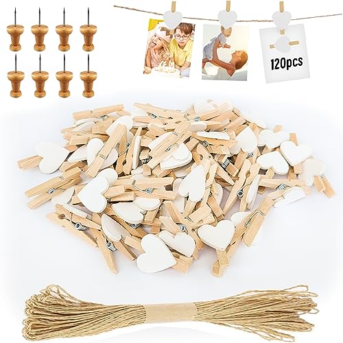 Hengxinc 120 Stück 30MM Mini Holzklammern Klein Herz Mini Wäscheklammern Hochzeit Kleine Holzklammern Für Polaroid Fotos mit 10M Jute String DIY für Fotowand Display Party (Weiß) von Hengxinc