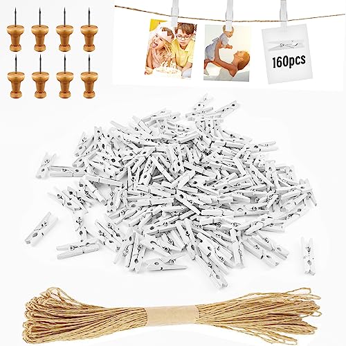 Hengxinc 168 Stück 25MM Mini Holzklammern Klein Weiß Mini Wäscheklammern Hochzeit Kleine Holzklammern Für Polaroid Fotos mit 10M Jute String DIY für Fotowand Display Party von Hengxinc