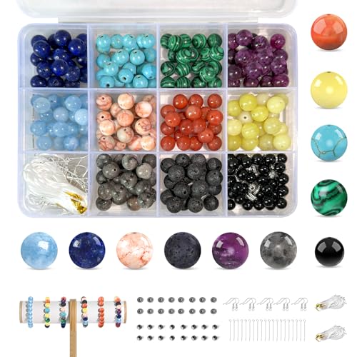 Hengxinchen 210 Stück Edelstein Perlen 6mm＆8mm, 11 Sortierte Mehrfarbig Edelsteine Steinperlen Perlen zum Auffädeln mit 5 Arten Zubehör, Perlen für Armbänder Erwachsene Schmuck Basteln Auffädeln von Hengxinchen