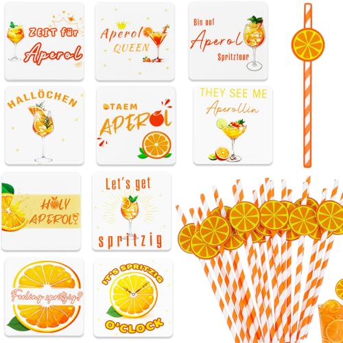 10 Stück Aperol Untersetzer aus Filz mit 20 pcs Gestreiftes Papier Strohhalme,Aperol Geschenk,für Trinkgläser Aperolliebhaber Mottoparty Karneval Fasching Weihnachten von Henjunu